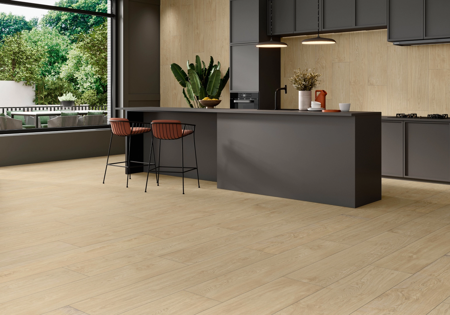 Why Wood Look Porcelain Tiles Are Here to Stay 4 a kitchen with a golden yellow / maple color wood look tile floor and dark wood island
