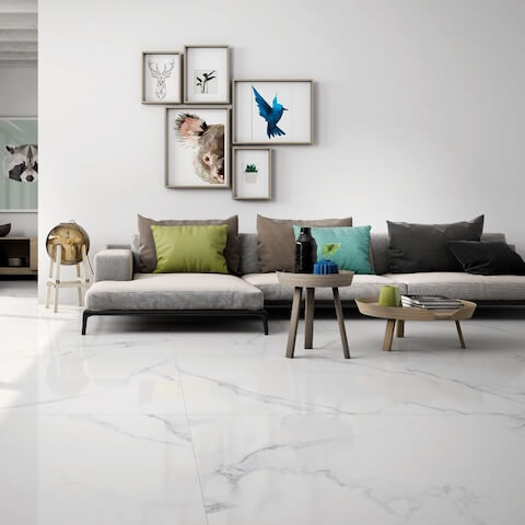 How to Choose a White Marble Tile 3 modern living room with extra large format, white porcelain tile that has very little veining.
