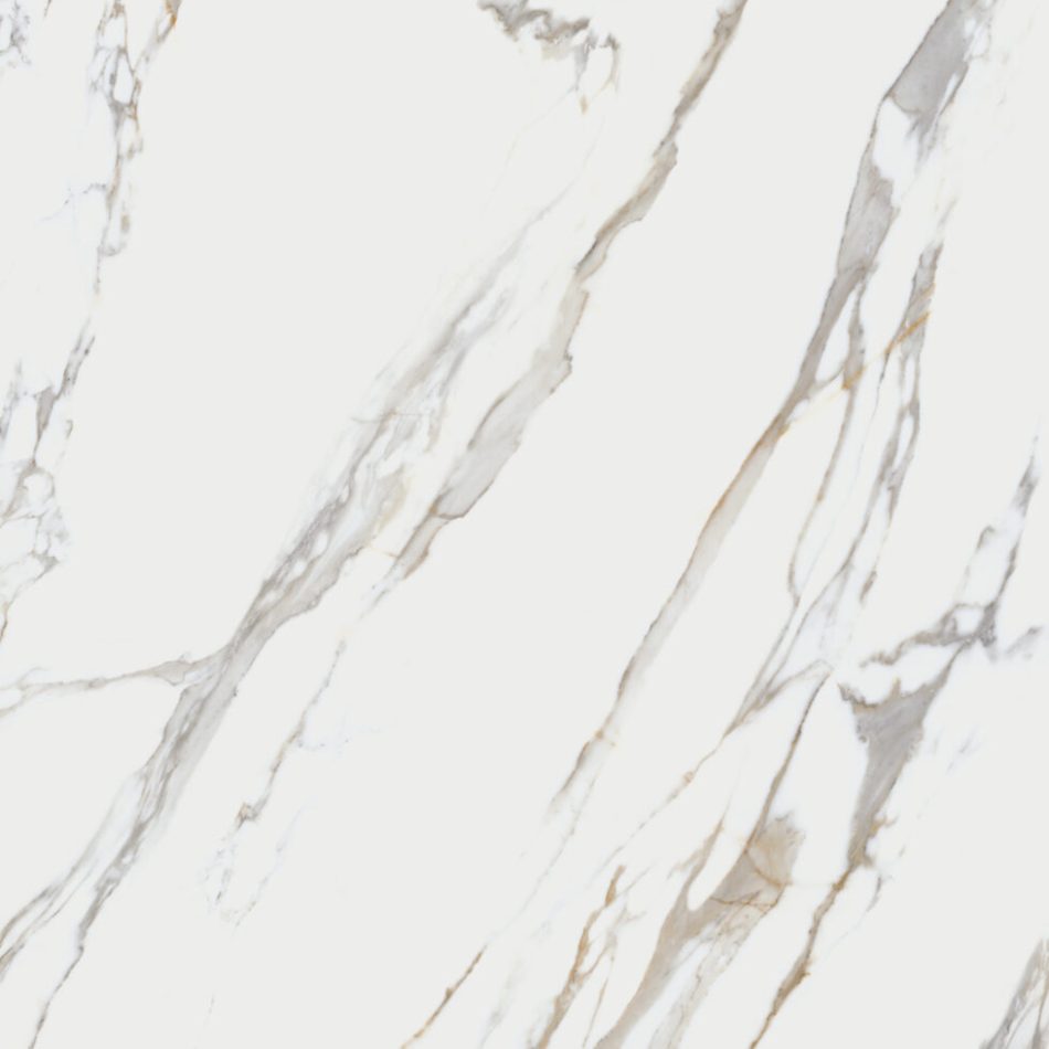 Design picture showing 63x63 Calacatta marble look porcelain tile's gold and gray veining