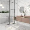 A modern bathroom with matte finish Calacatta Gold marble in extra large size