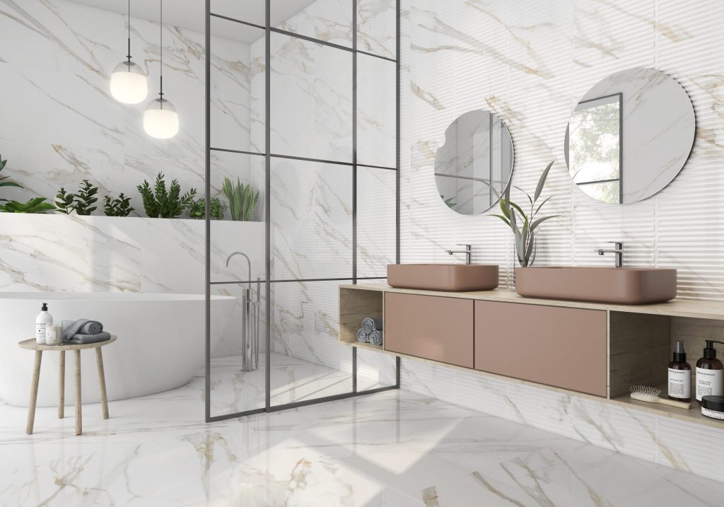 A modern bathroom with matte finish Calacatta Gold marble in extra large size