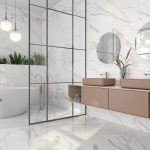 A modern bathroom with matte finish Calacatta Gold marble in extra large size