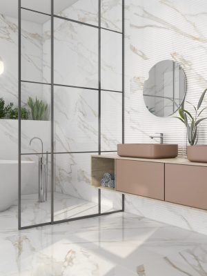 A modern bathroom with matte finish Calacatta Gold marble in extra large size