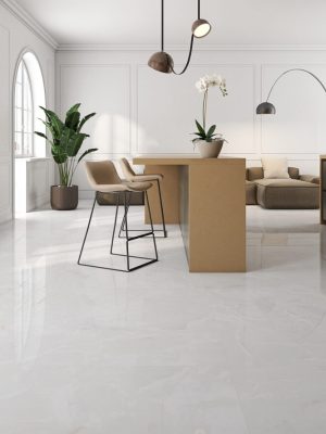 a luxurious modern kitchen with marble look porcelain tile in extra large format