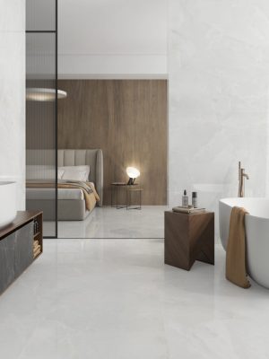 bathroom scene with matte finish 63x63 tile that look like Onyx in very light earth tones on the floor and wall
