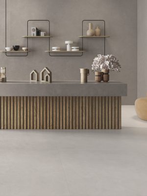 a SPA reception area with Solid white concrete look tile