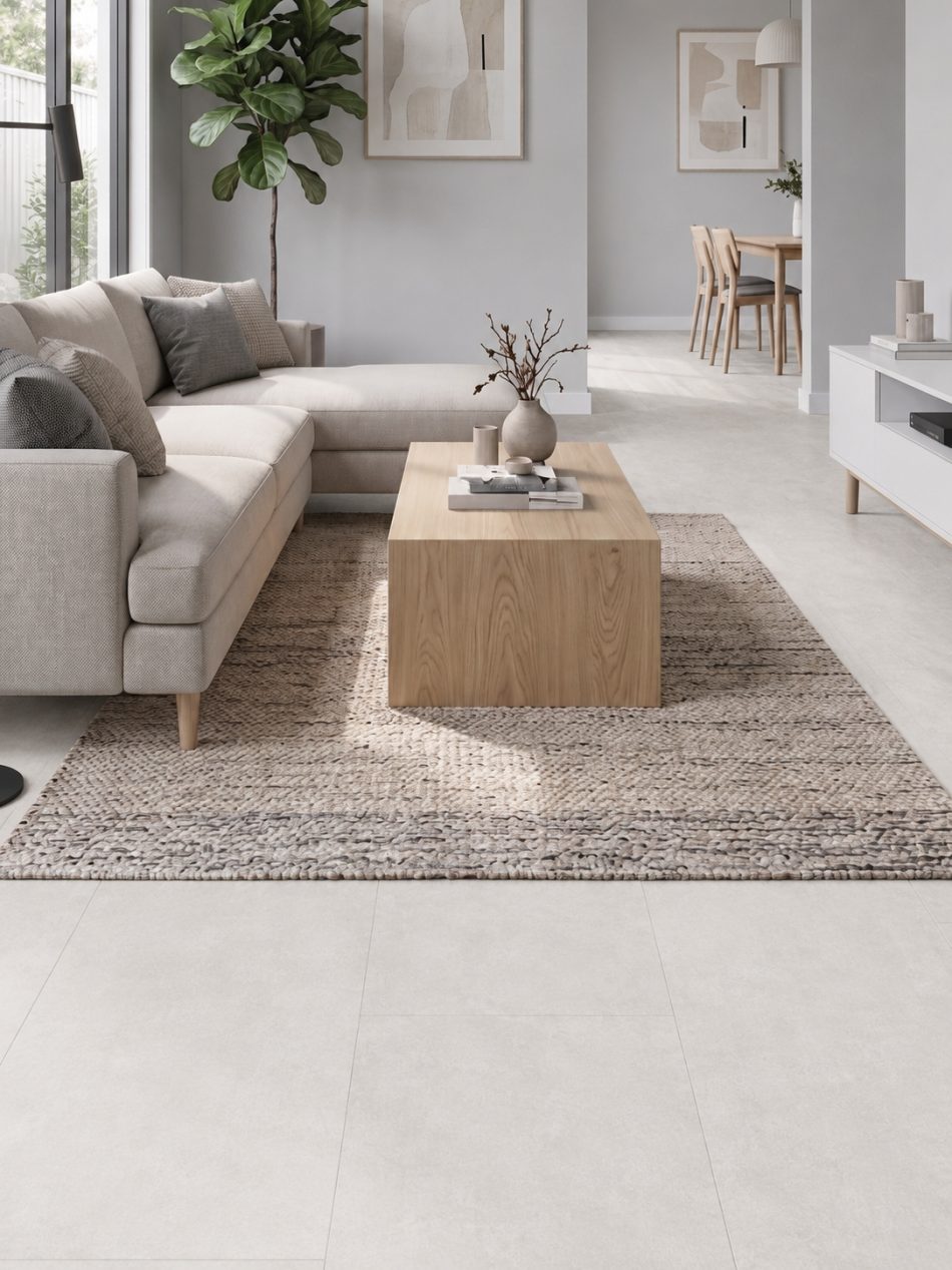 24x48 Soft Cement White concrete look tile in a cosy living room, making the room feel better with its subtle design and minimal grout lines
