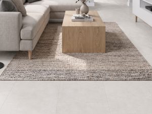 Soft Cement White white concrete-look porcelain tile in a living room