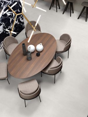 Soft Cement White, subtle concrete look tile in a living and dining room.