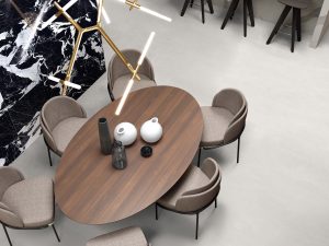 Soft Cement White white concrete-look porcelain tile in a modern living and dining room