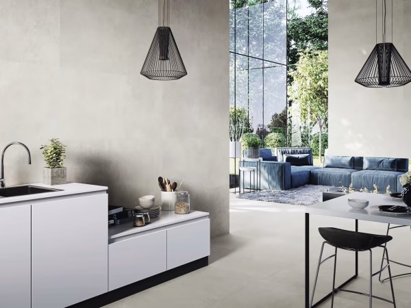 48x48 concrete look tile Urban Sand in a modern interior as wall and floor tile
