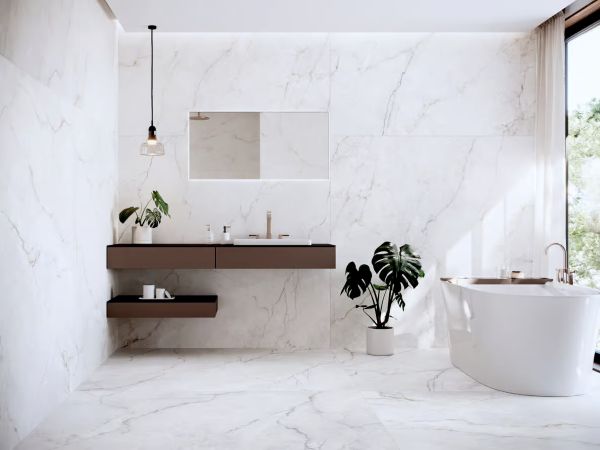 White bathroom with 63x63 porcelain tile