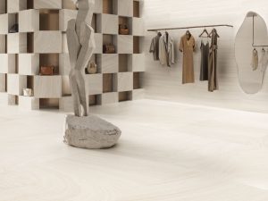 Navoana White Travertine Look tile with veincut and the crosscut design in honed finish
