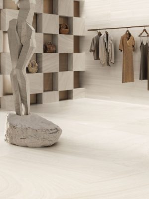 Navoana White Travertine Look tile with veincut and the crosscut design in honed finish