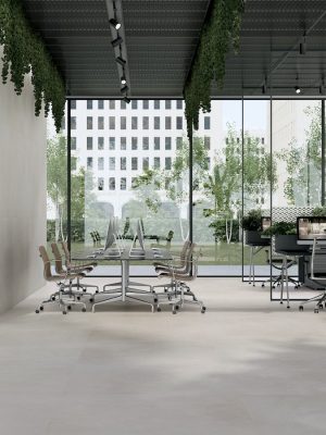 large format 48x48 porcelain tile floors and walls in a modern office space in a creamy white color