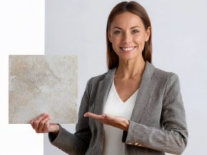 A designer who is happy after haven seen the large size of her online sample
