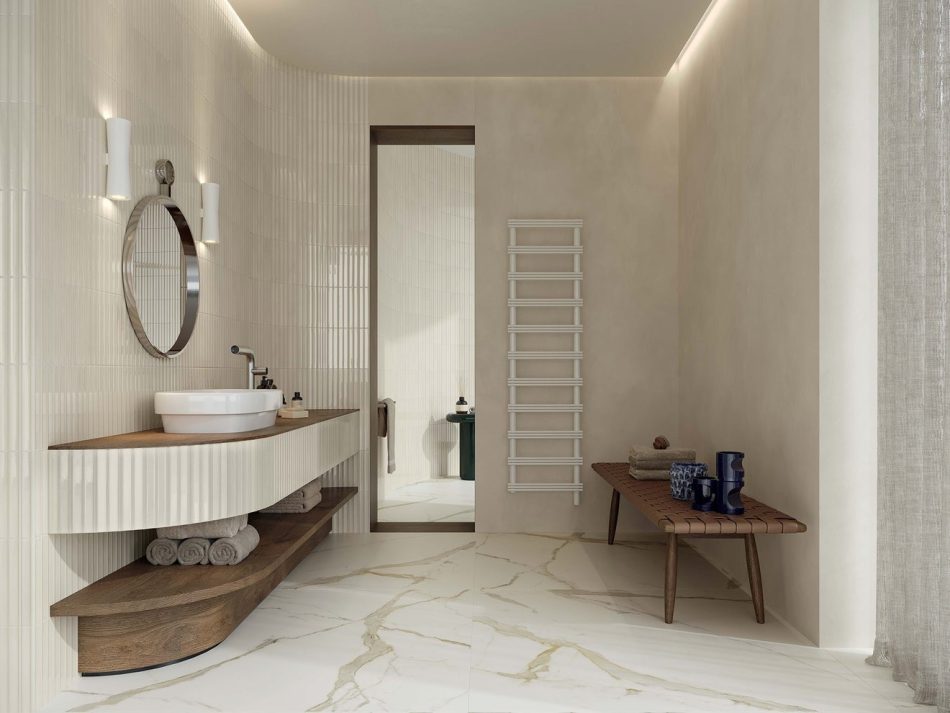a luxurious, modern bathroom designed with Calacatta Gold porcelain tile