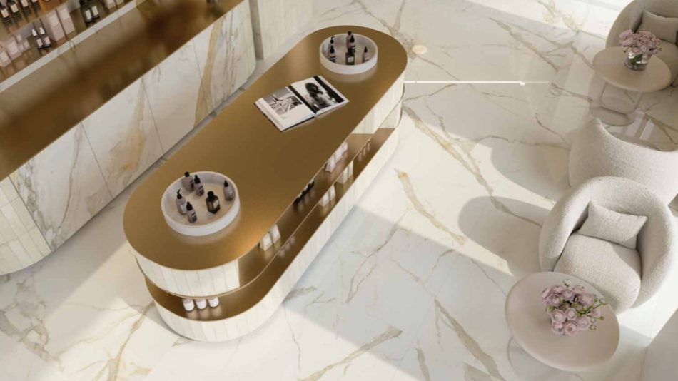 48×48 Calacatta Gold polished porcelain tile is an ideal choice for those seeking to infuse their interiors with the warmth and luxury