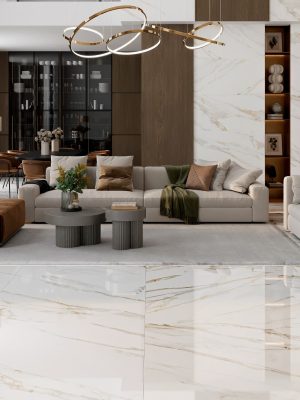 picture showing a stunning living room that is both luxurious and modern with Calacatta Gold Marble look porcelain tile in extra large format