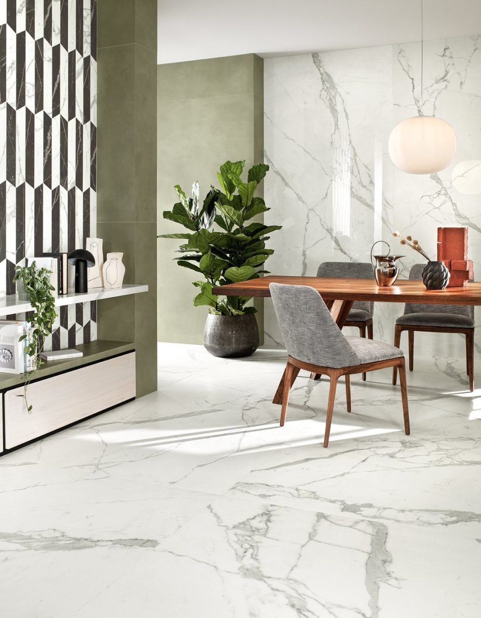 pictures showing graphic details of Statuario White Italian tile under a dining table