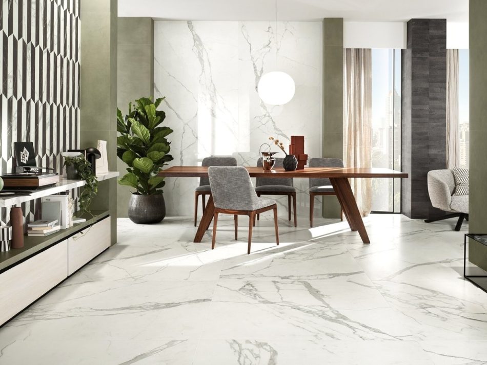a luxurious dining room area with white Italian marble tile on the floor