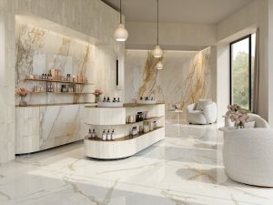 Calacatta Gold polished porcelain tile in a luxurious home