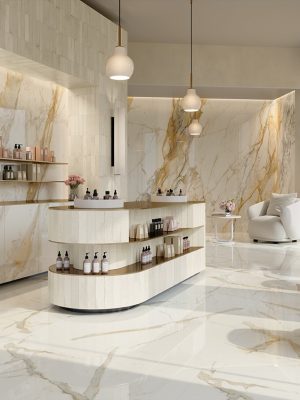 Calacatta Gold polished porcelain tile in a luxurious home