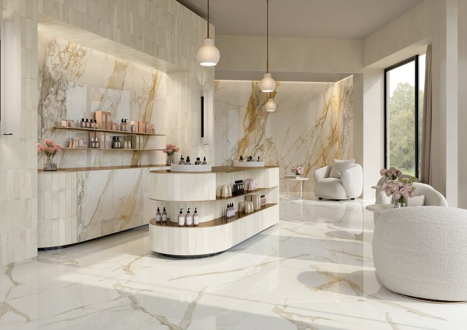 Calacatta Gold polished porcelain tile in a luxurious home