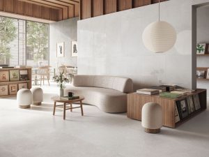 modern minimalistic luxurious interiors with limestone look porcelain tile Ease Extra White