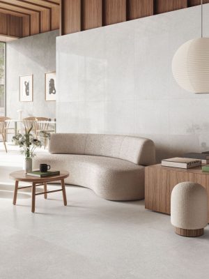 modern minimalistic luxurious interiors with limestone look porcelain tile Ease Extra White