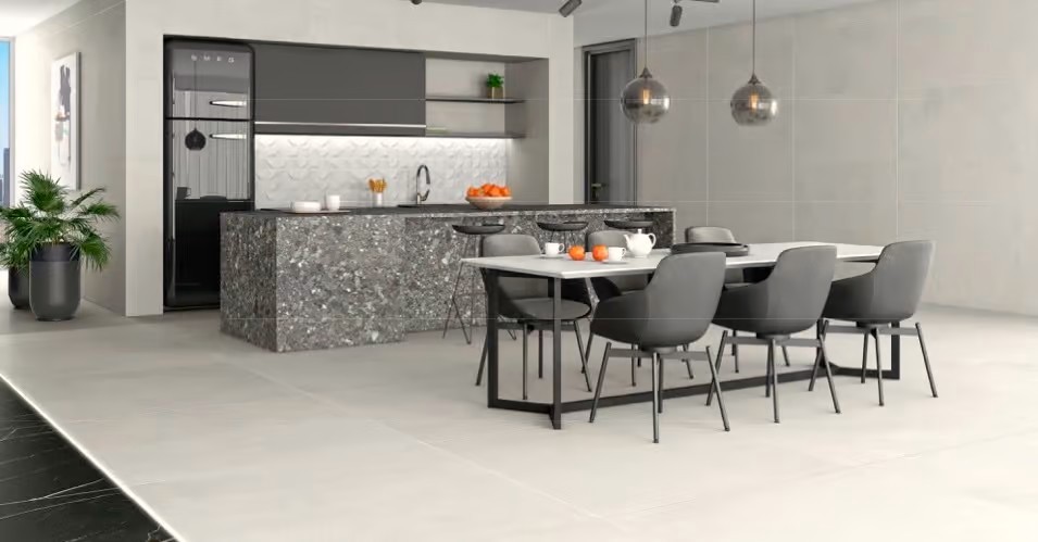 Concrete Look Tiles & Beyond: Subtle Flooring Options 9 open kitchen with concrete look tile flooring