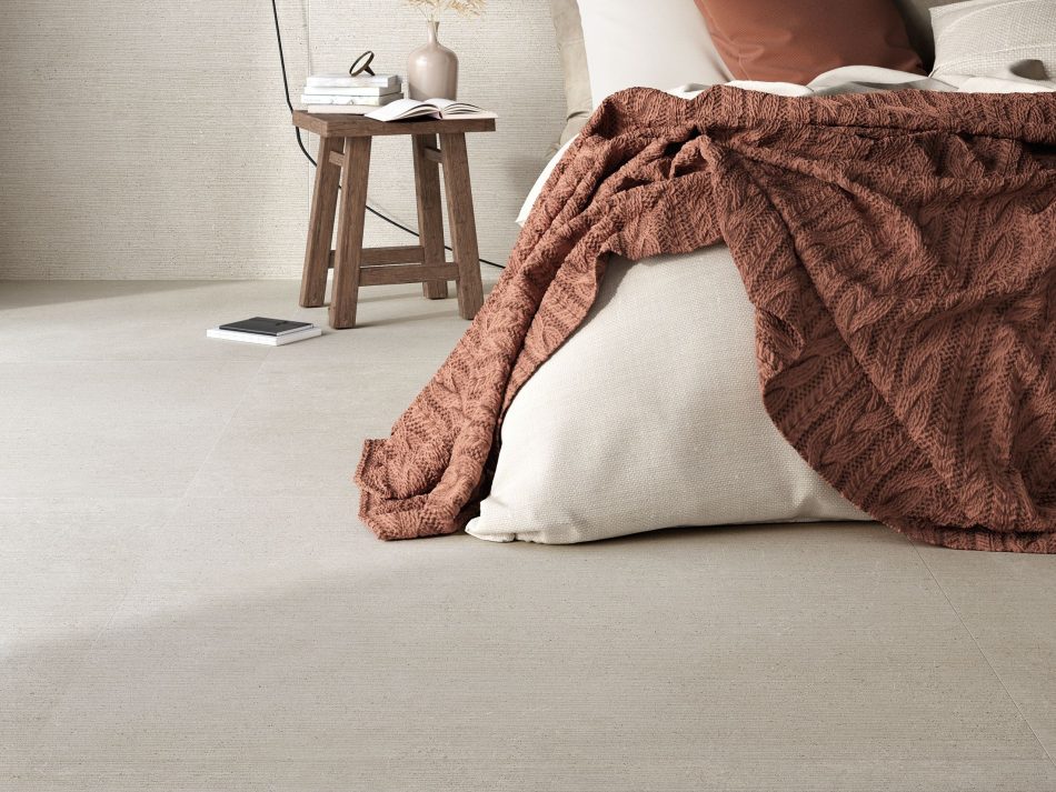 elegant bedroom with 48x48 ease extra white tile floor
