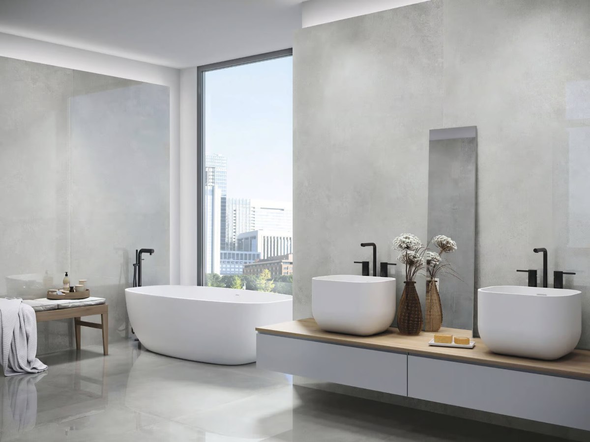Concrete Look Tiles & Beyond: Subtle Flooring Options 7 Uptown White Concrete Look Polished Tile in Bathroom