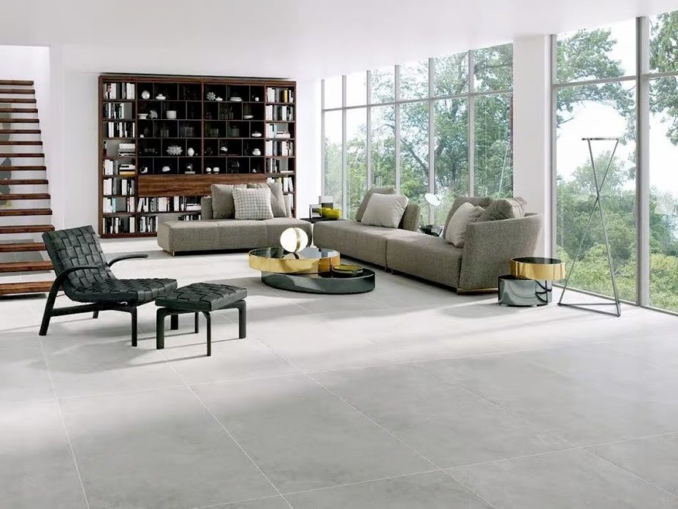 Cosmo Grey 24x48 grey concrete-look floor tile in a contemporary interio