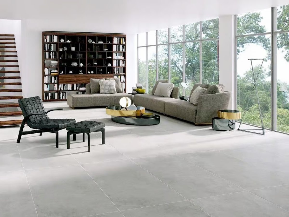24x48 grey concrete look tile in a minimalist interior