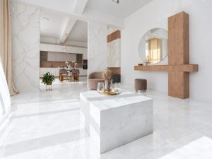 Modern Open Plan Interior with 48x48 Sapphire White Onyx Look Polished Tile Flooring