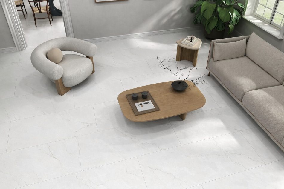 Beautiful living room with halo White 24x48 matte tile