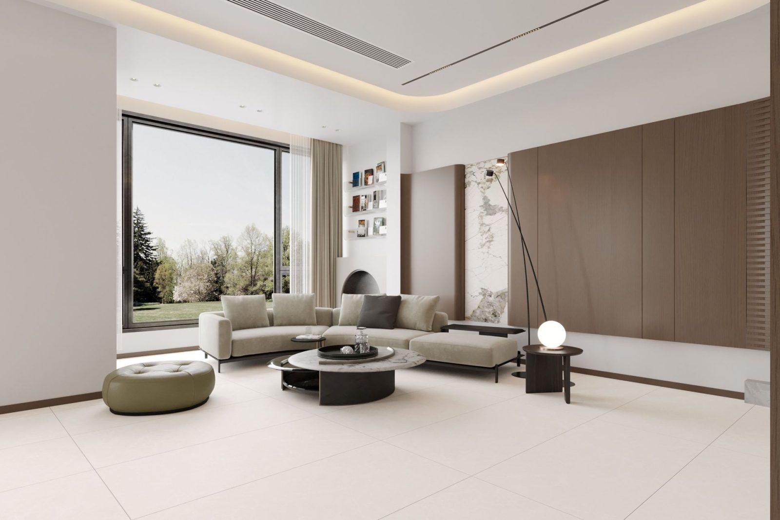 Living Room Tile Design Ideas 51 Spacious room with city skyline view large format beige tiles