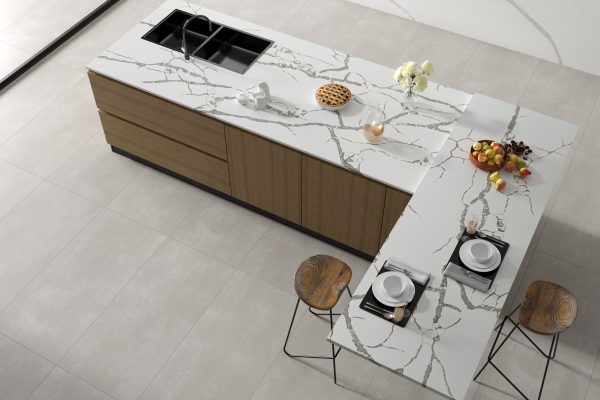 Modern kitchen with elegant marble design.