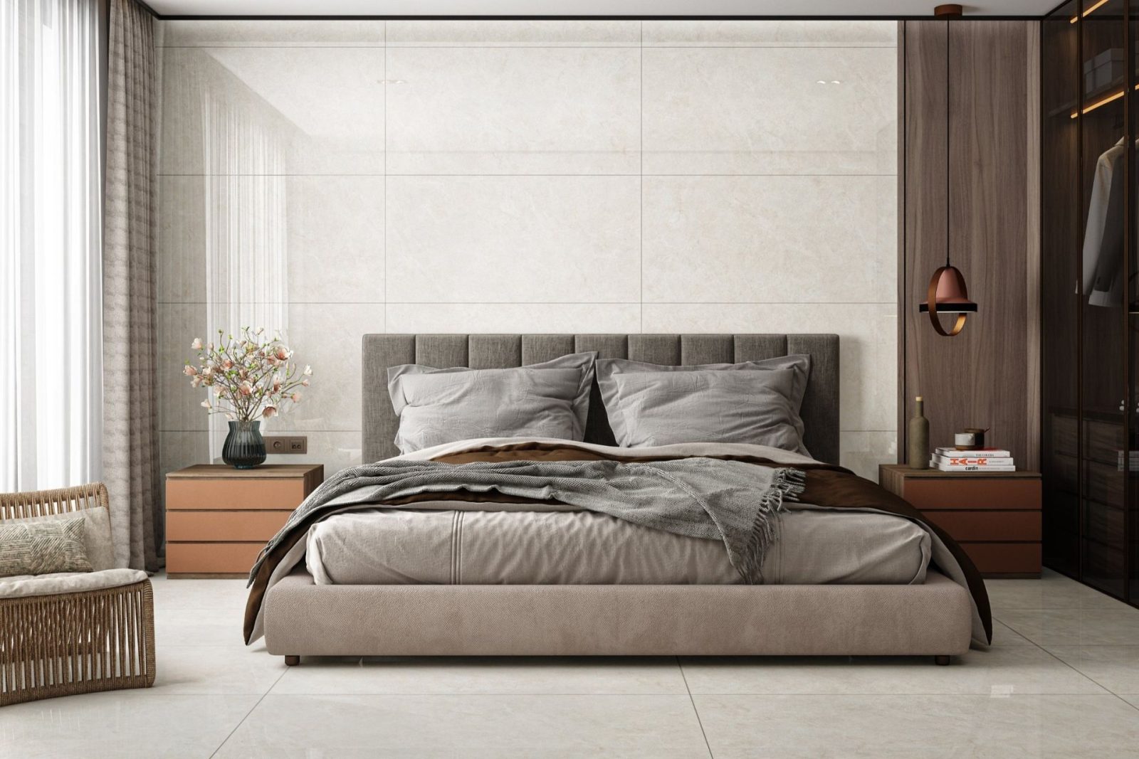 Bedroom Tile Design Ideas 59 Sleek, minimalist design with neutral tones.