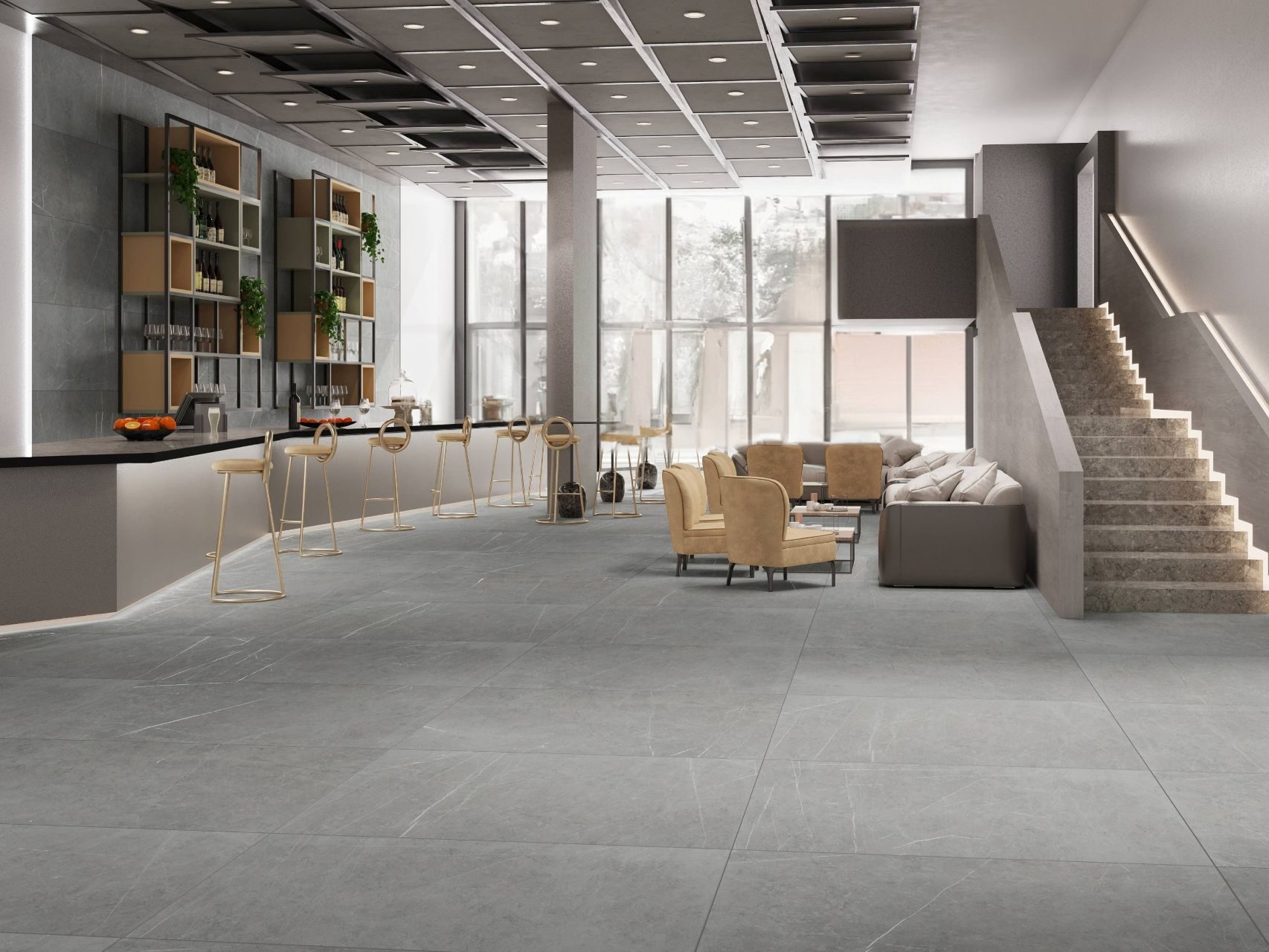 Grey tile in a Modern lobby with sleek design elements.