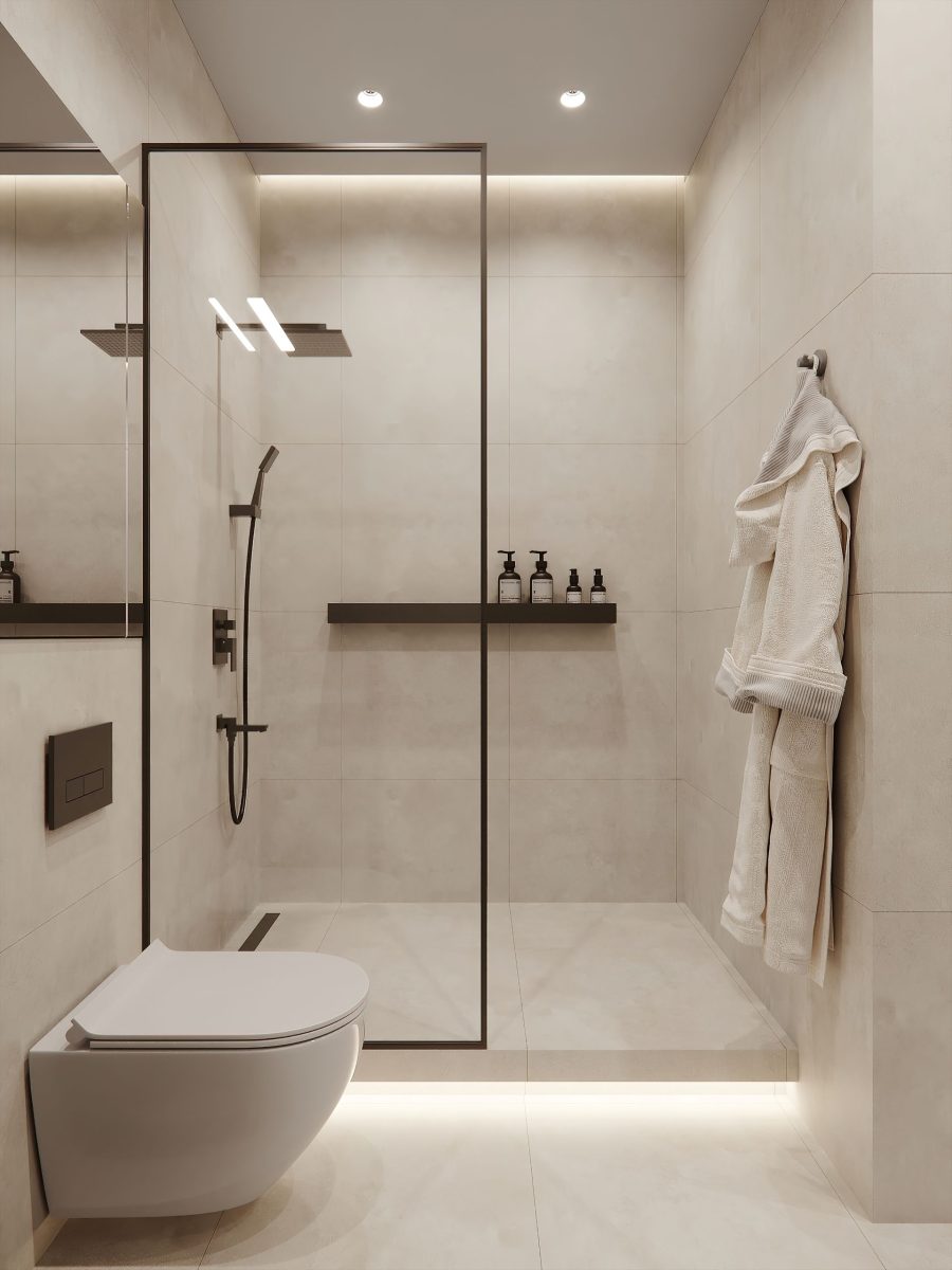 Bathroom Tile Design Ideas 53 Sleek, modern bathroom with warm tones.
