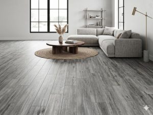 Aspen wood dark grey tile in a living room setting