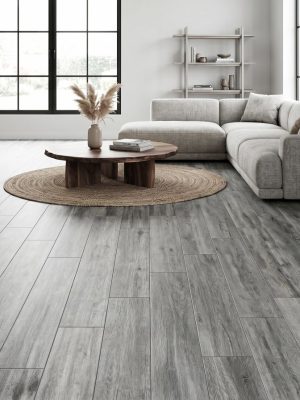 Aspen wood dark grey tile in a living room setting