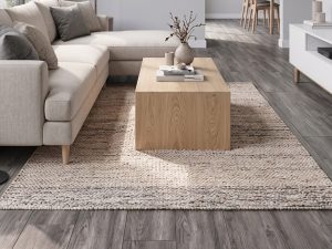 Wood look tile in Grey color with brown undertones in a modern interior
