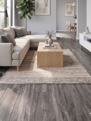 Wood look tile in Grey color with brown undertones in a modern interior