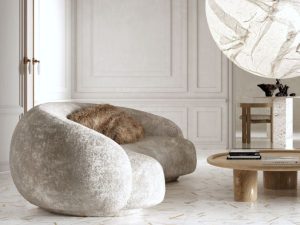 Luxurious modern living room featuring Intarsi Farida 24x48 porcelain flooring with gold geometric inlays and contemporary white furniture.