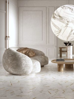 Luxurious modern living room featuring Intarsi Farida 24x48 porcelain flooring with gold geometric inlays and contemporary white furniture.
