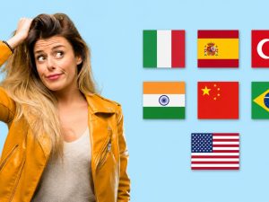 Where Your Tile is Made Matters 1 Confused woman looking at country flags representing porcelain tile origins including Italy, Spain, Turkey, India, China, Brazil, and the United States.