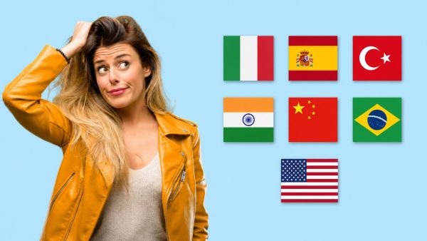 Confused woman looking at country flags representing porcelain tile origins including Italy, Spain, Turkey, India, China, Brazil, and the United States.